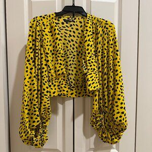 Fashion Nova Yellow Leopard Animal Print Puff Sleeve Crop Top Size Small